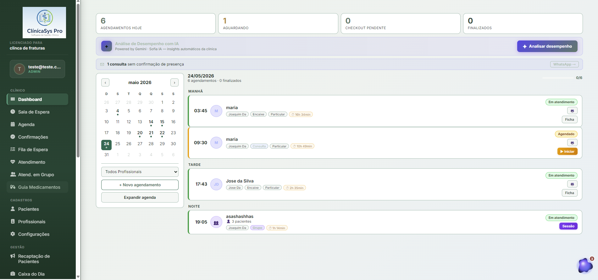 Dashboard da clínica