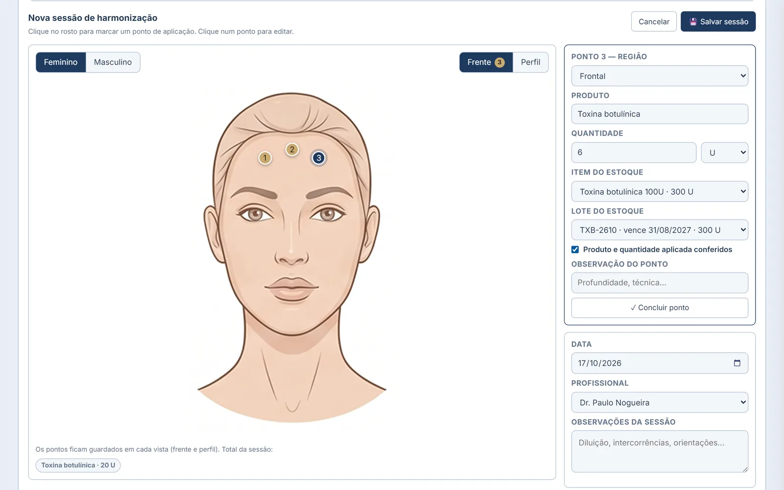 Tela real da Harmonização Orofacial do ClínicaSys Pro: mapa da aplicação com lote do produto