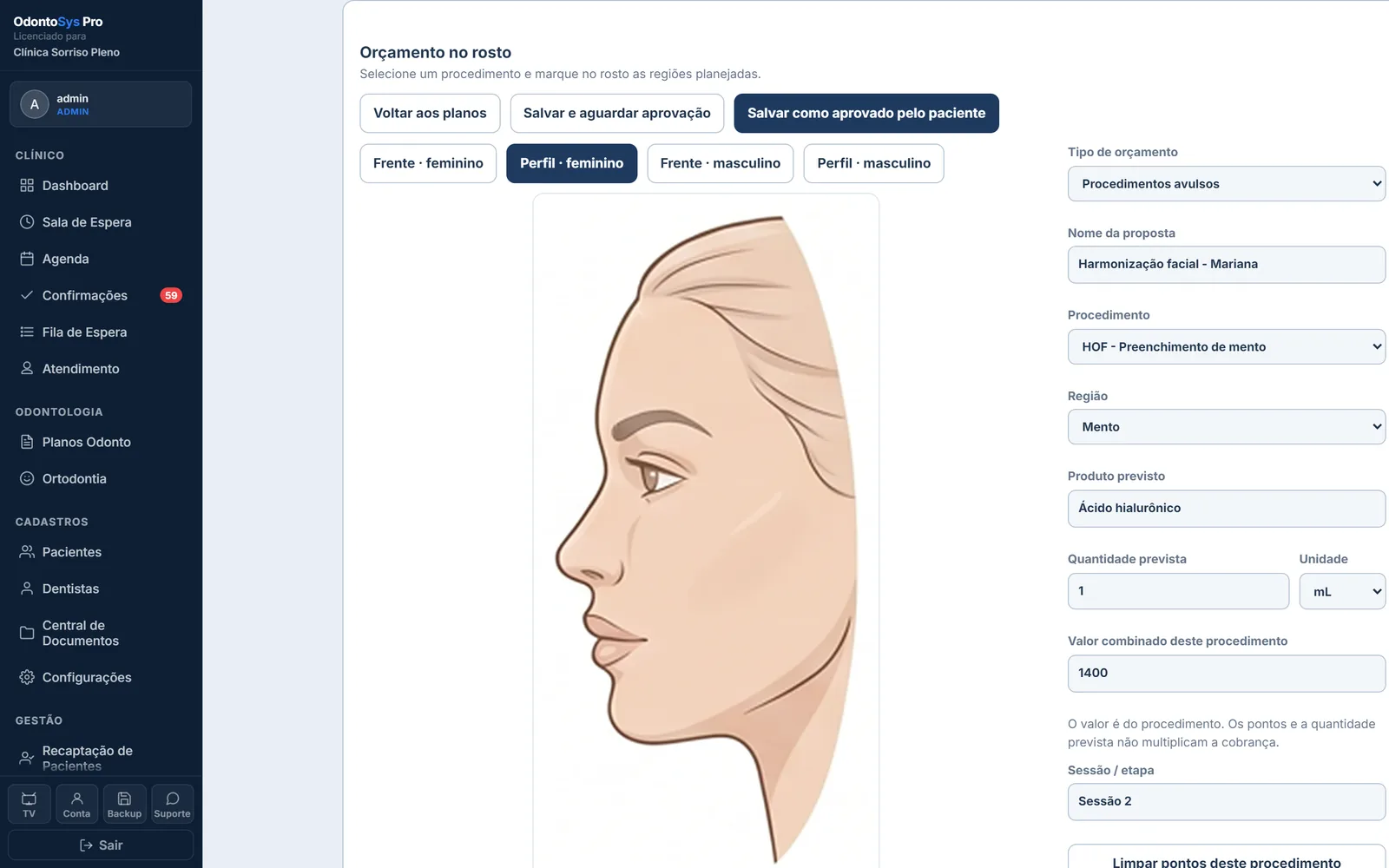 Tela real da Harmonização Orofacial do ClínicaSys Pro: planejamento também no perfil