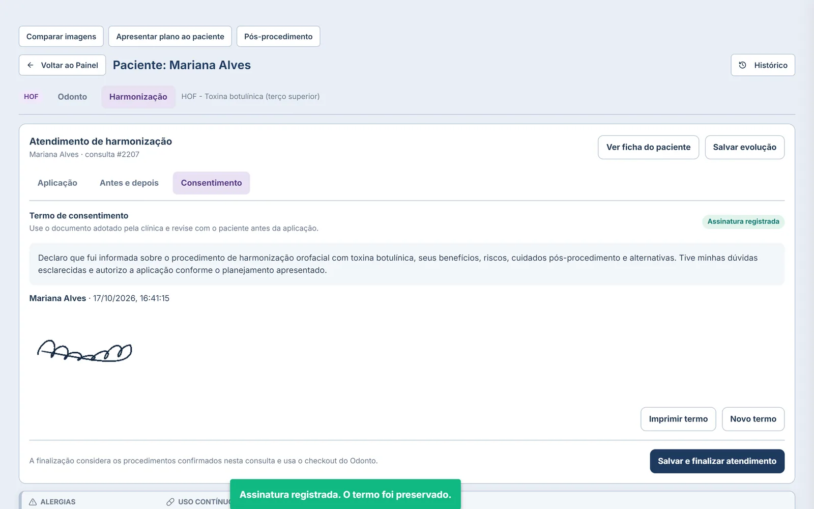 Tela real da Harmonização Orofacial do ClínicaSys Pro: termo de consentimento assinado
