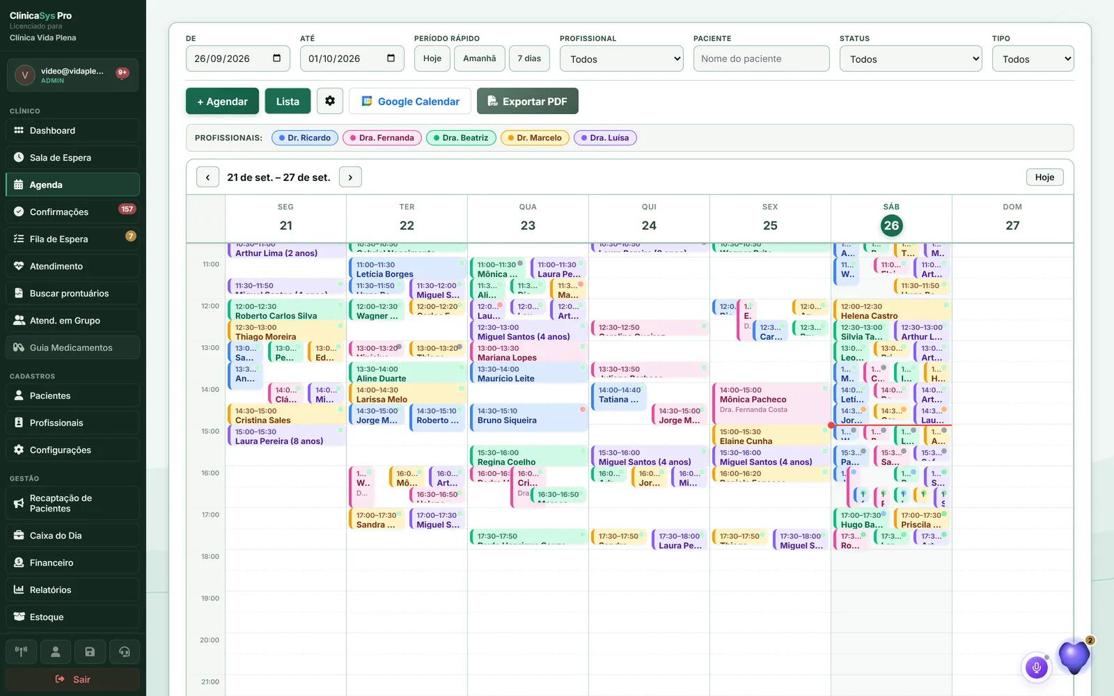 Tela real do ClínicaSys Pro: agenda médica online