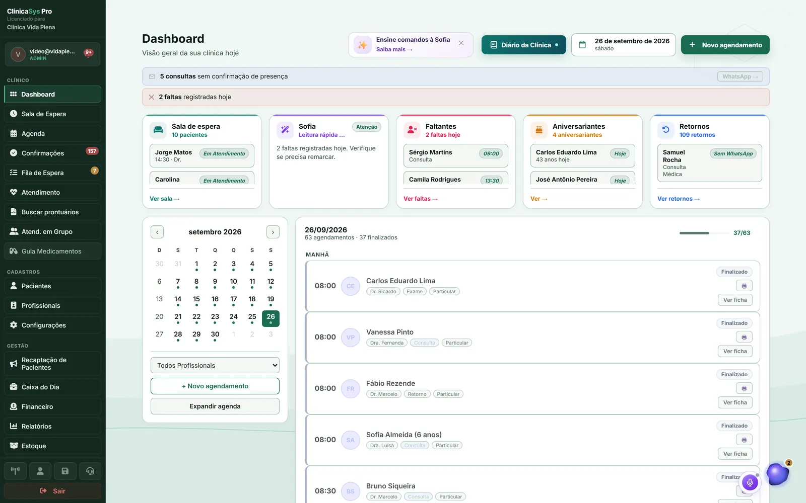 Tela real do ClínicaSys Pro: dashboard da clínica