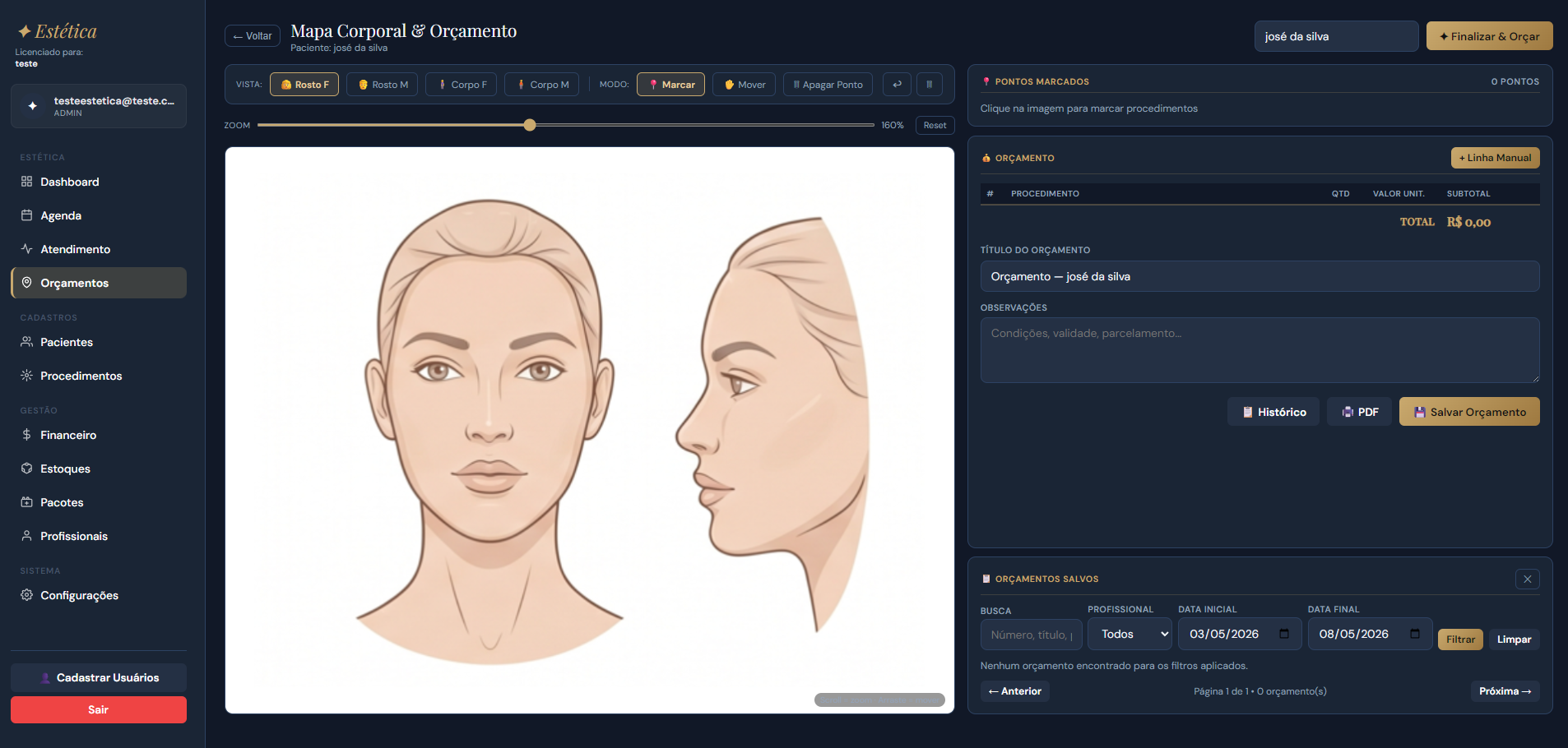 Sistema para harmonização facial — mapa facial ClínicaSys Pro