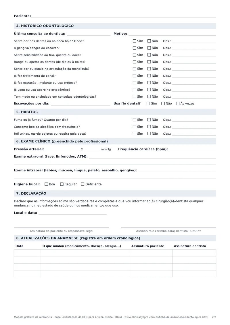 Página 2 da ficha de anamnese odontológica: histórico odontológico, hábitos, exame clínico, declaração e assinaturas
