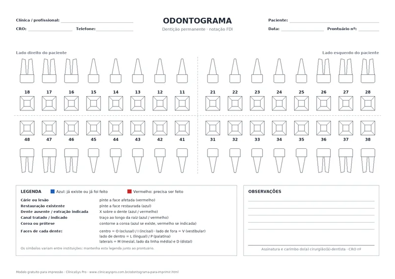 Odontograma adulto para imprimir com os 32 dentes permanentes numerados de 11 a 48, faces de cada dente e legenda de cores
