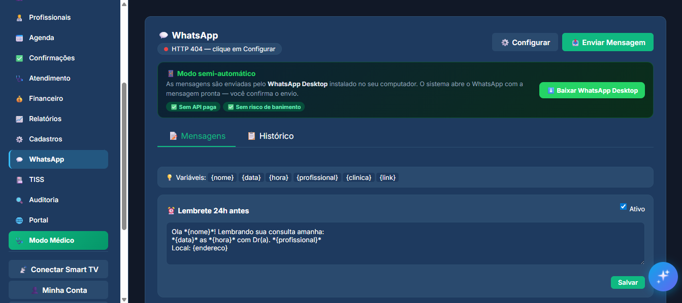Automação de WhatsApp no ClínicaSys Pro